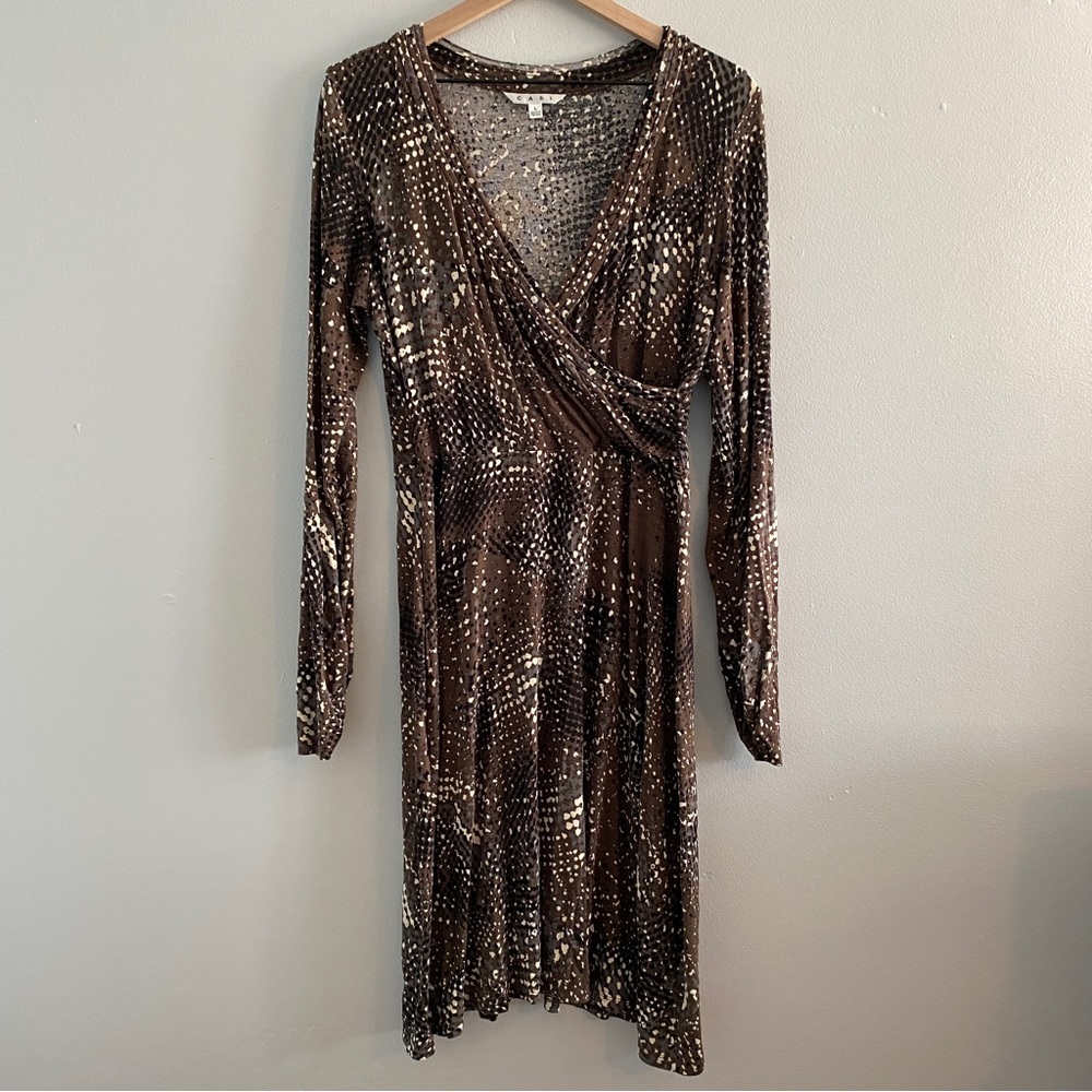 CAbi Women’s Size Large Faux Wrap Brown Printed Long Sleeve Stretchy Dress